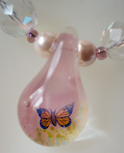 Butterfly Lampwork Bead Pendant, Necklace and Earring Set ~Pink Pearl and Czech Bead