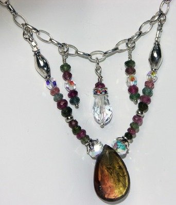 Watermelon Tourmaline Gemstone &amp; Swarovski Crystal Necklace with Sterling Silver Chain