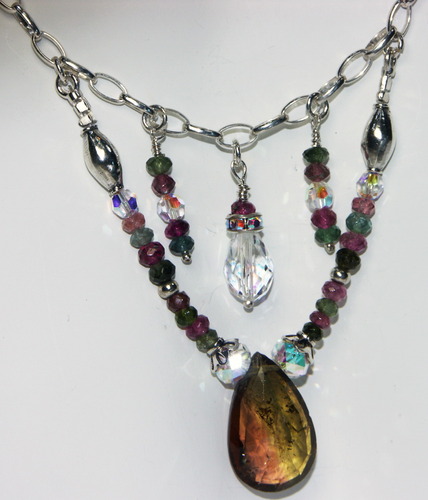 Watermelon Tourmaline Gemstone &amp; Swarovski Crystal Necklace with Sterling Silver Chain