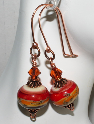 SOLD Copper Earrings with Lampwork Glass Beads, and Swarovski Crystals