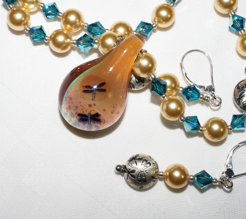 Dragonfly Dichroic Glass Set with Swarovski Crystals and Pearls and Thai Silver Beads