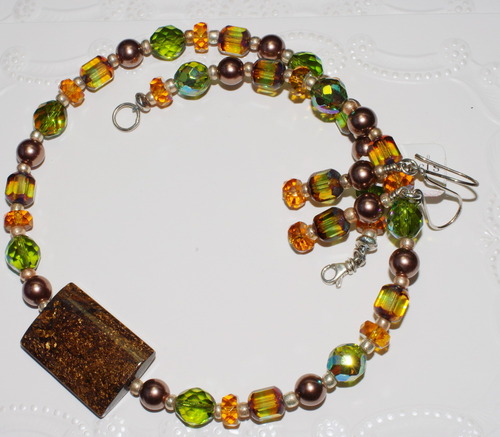 Bronzite Gemstone Necklace and Earring Set with Czech Firepolish Beads and Brown Pearls