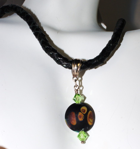 SOLD Black Raku Lampwork Bead and Peridot Swarovski Crystal Leather Necklace
