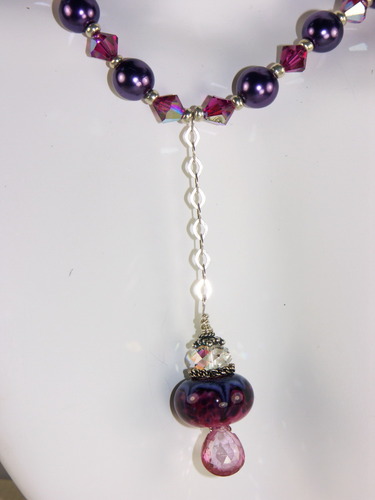 Necklace: Pink Topaz Gemstone, Lampwork Bead, Purple Pearl and Swarovski Crystals