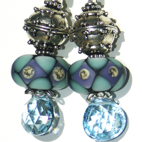 Swiss Blue Topaz Earrings with Lampwork and Bali Silver Beads on Sterling Silver