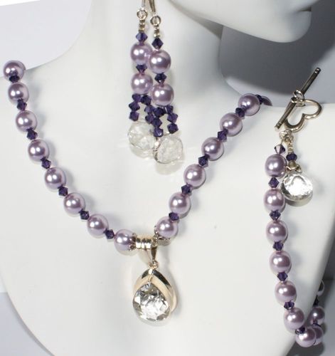 Sterling Silver and Crystal Quartz Pendant Set:Lilac Cultured Pearls and Crystals
