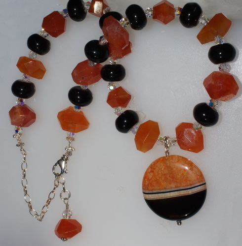Chunky Orange and Black Necklace and Earring Set: Carnelian, Onyx, Agate and Swarovski Crystals