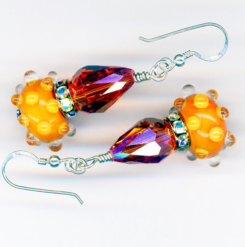 SOLD Orange Lampwork and Crystal Earrings ~Bumpy Pumpkin~