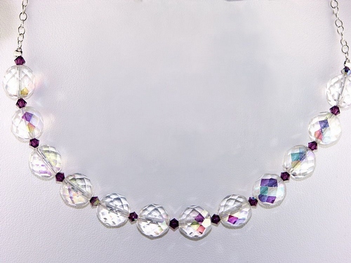 Czech Bead Necklace: 12mm AB Bead with Swarovski crystal and Silver chain