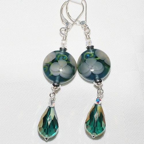 Teal Lampwork Bead and Crystal Dangle Earring