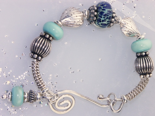 SeaShells By the SeaShore Bangle Bracelet ~ Chunky Sterling Silver and Lampwork Bead