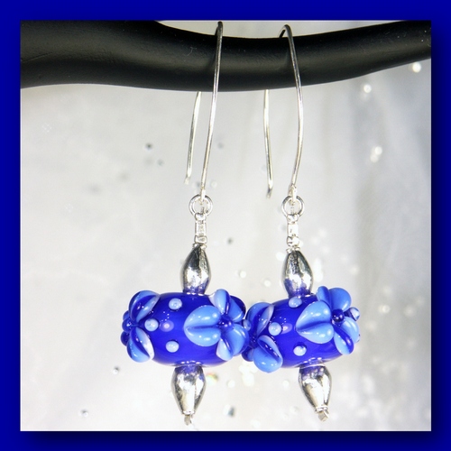 Cobalt Blue Flower Lampwork Glass Earrings