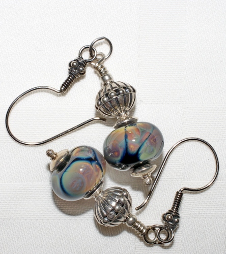 Black Raku Lampwork and Bali Silver Beaded Earrings