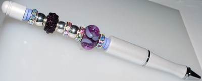 Elegant Jeweled Writing Pen: White with Lampwork, Rhinestones and Silver Beads