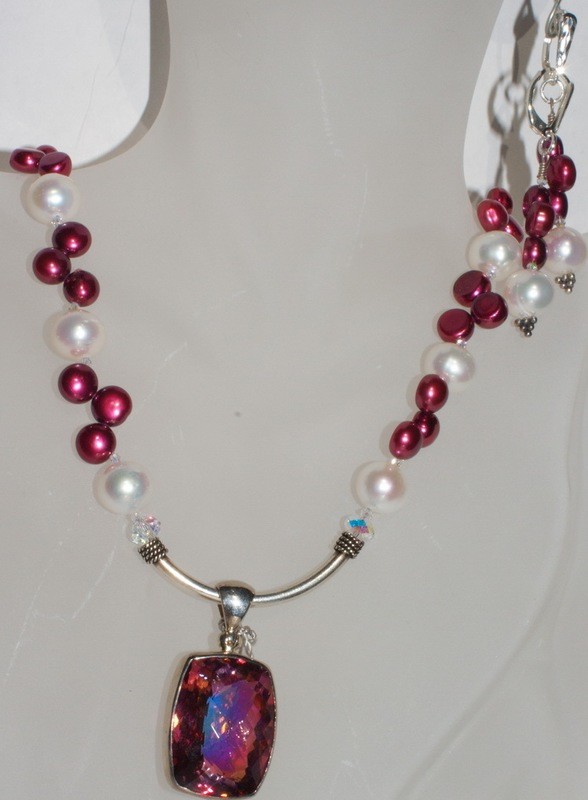 White and Magenta Cultured Pearl Necklace and Earring Set with Mystic Topaz Gemstone