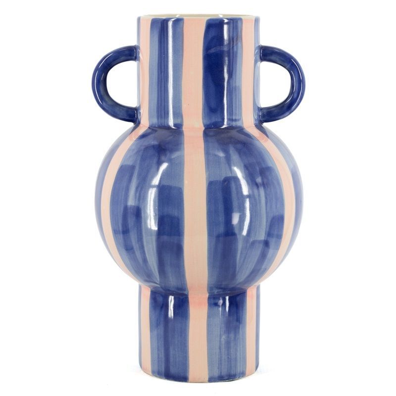 Vaas keramiek blauw roze met oren L