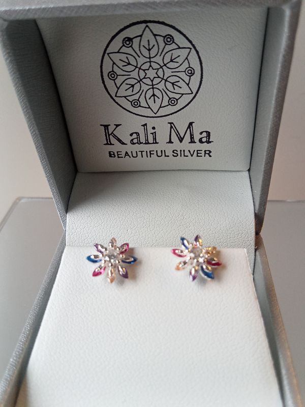 Kali Ma Silver multi coloured double petalled flower studs