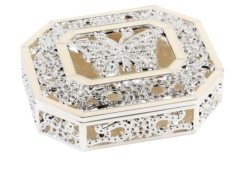 Silver Plated and Epoxy/Crystals Trinket Box with Butterfly