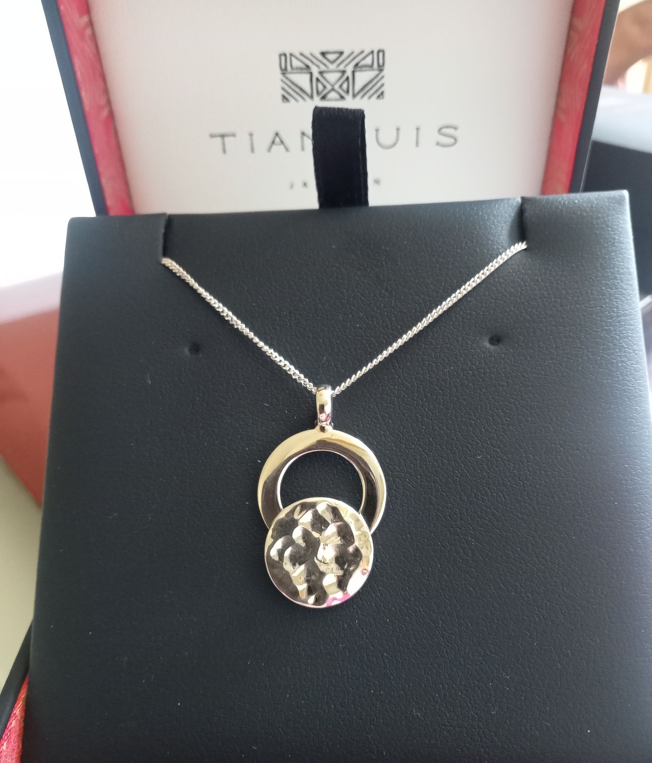 Open shiny circle and closed hammered circle pendant