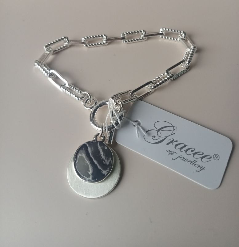 Fancy rectangular link bracelet with two circle charm