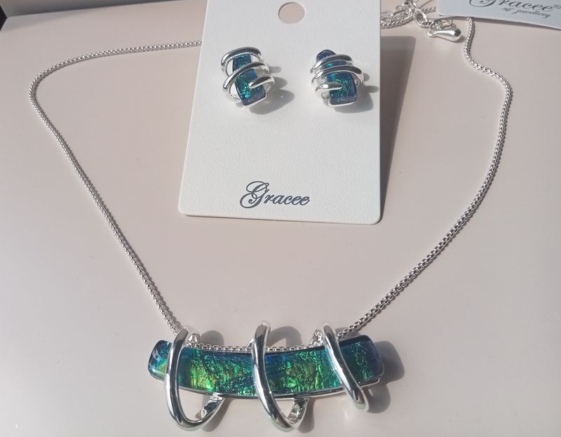 Green and blue stone earrings with silver spiral