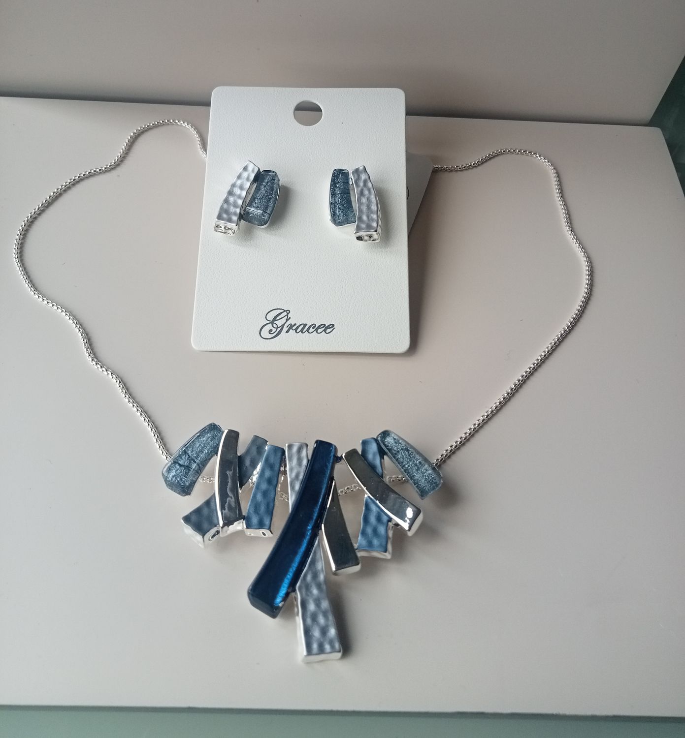 Dark blue and pale blue rectangular earrings