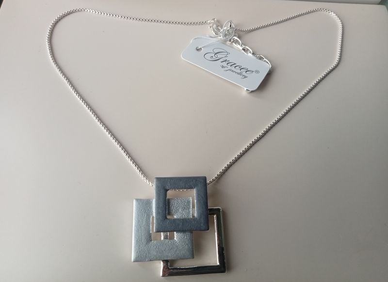 silver tone and grey squares pendant