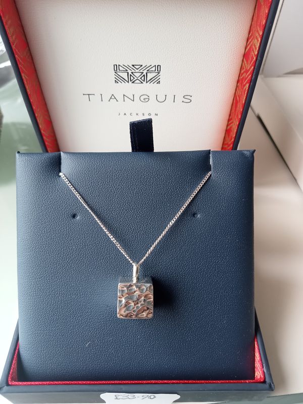 Cube shaped Sterling Silver necklace hammered on one side
