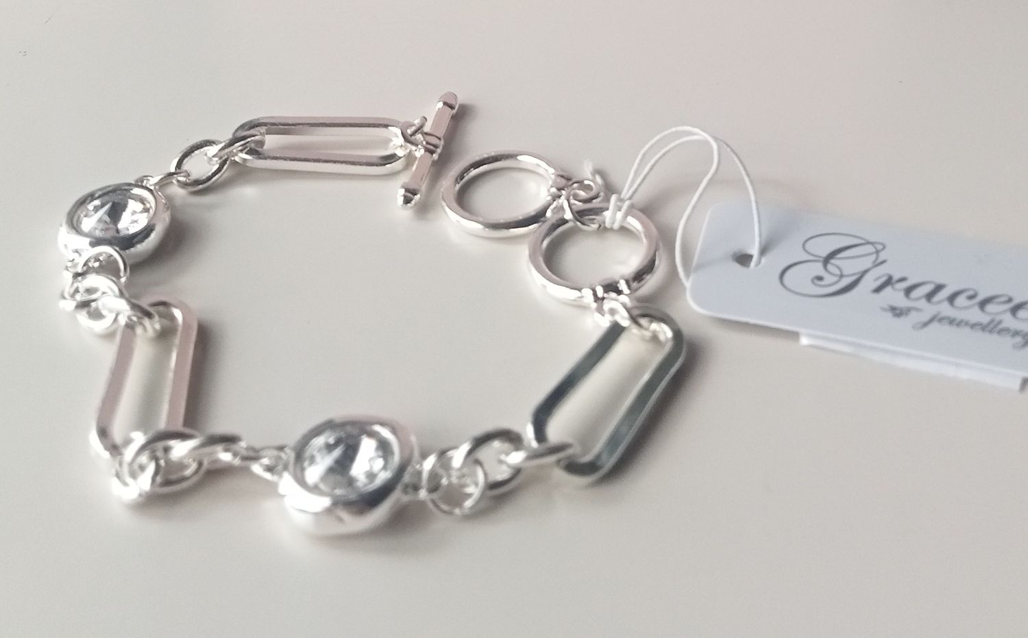 Chunky T Bar bracelet with rectangles and a clear stone