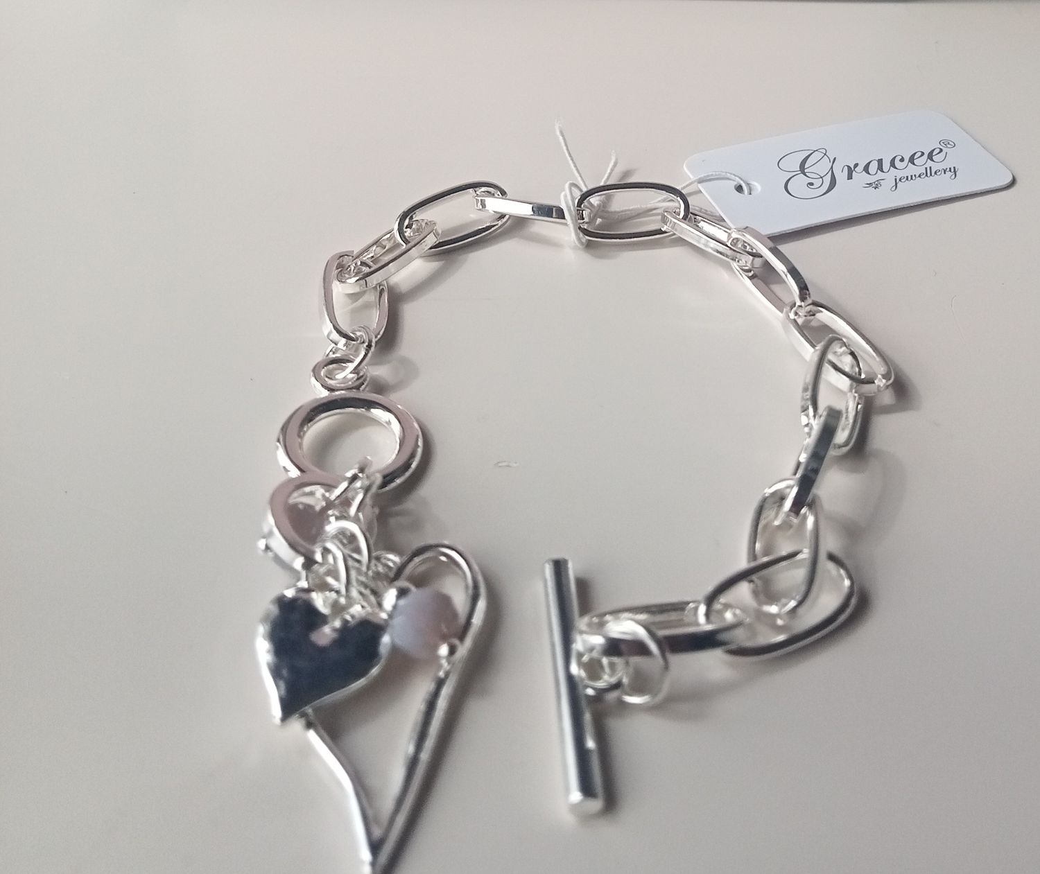Chain link T Bar bracelet with heart charms