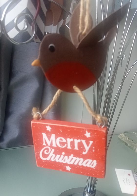 Robin with wings outstretched with Merry Christmas sign