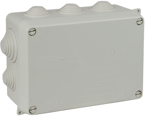 Caja estanca de conexión 153 x 110 x 65 mm con conos. Color gris. 716 Solera