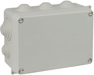 Caja estanca de conexión 153 x 110 x 65 mm con conos. Color gris. 716 Solera