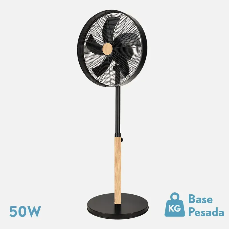 Ventilador De Pie Falcon Negro/haya 3vel.50w.5aspas Oscilante Y Rotatorio Regx45x37cm