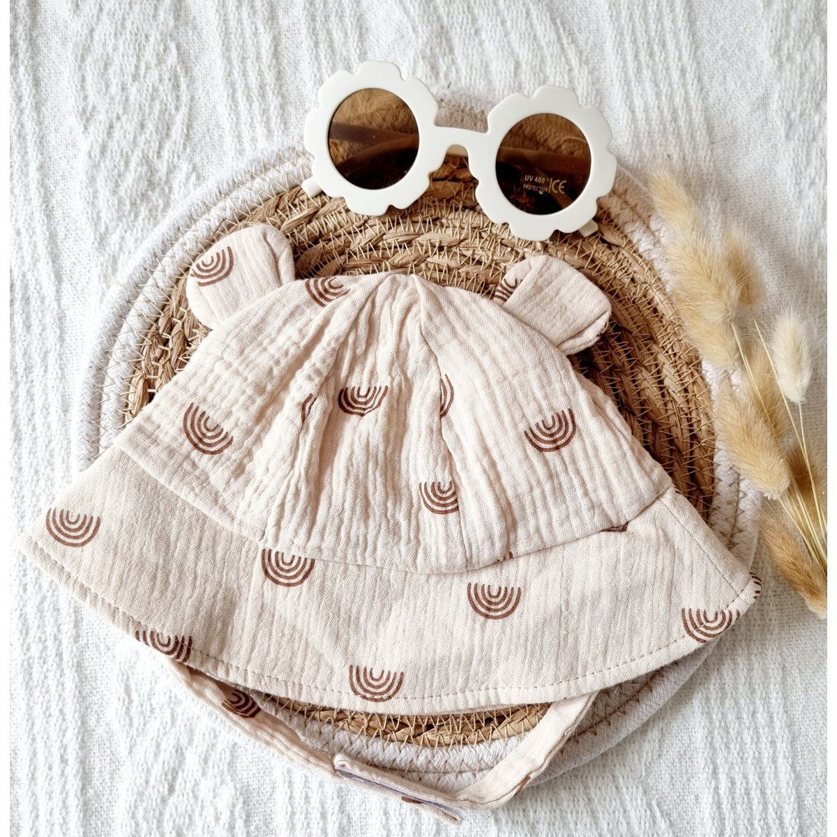 Hydrofiele zonnehoed voor baby - Beige met Regenboog