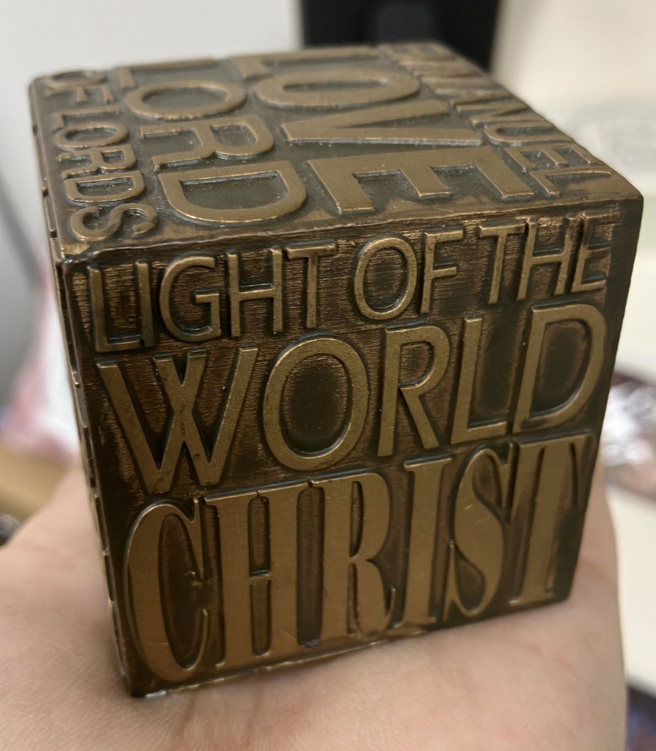 Name of Jesus Cube - resin bronze.