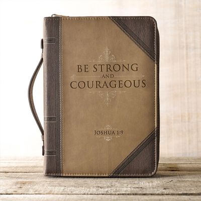 Bible Case XL Be Strong &amp; Courageous Josh 1:9 Walnut &amp; Tan