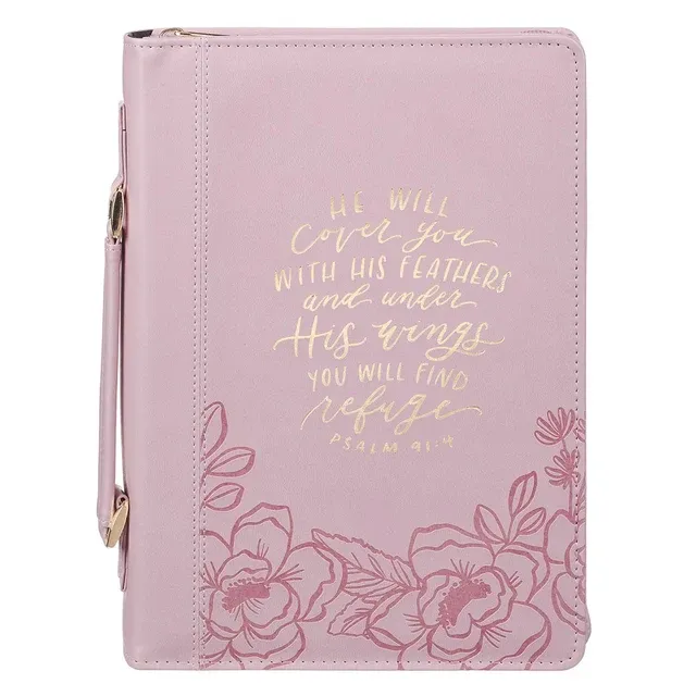 Bible Cover, Medium, Under His Wings Pink Faux Leather Fashion - Psalm 91:4
