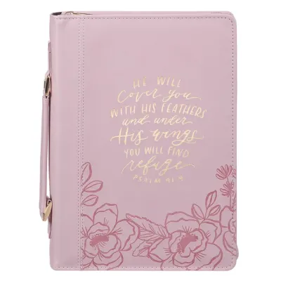 Bible Cover, Medium, Under His Wings Pink Faux Leather Fashion - Psalm 91:4