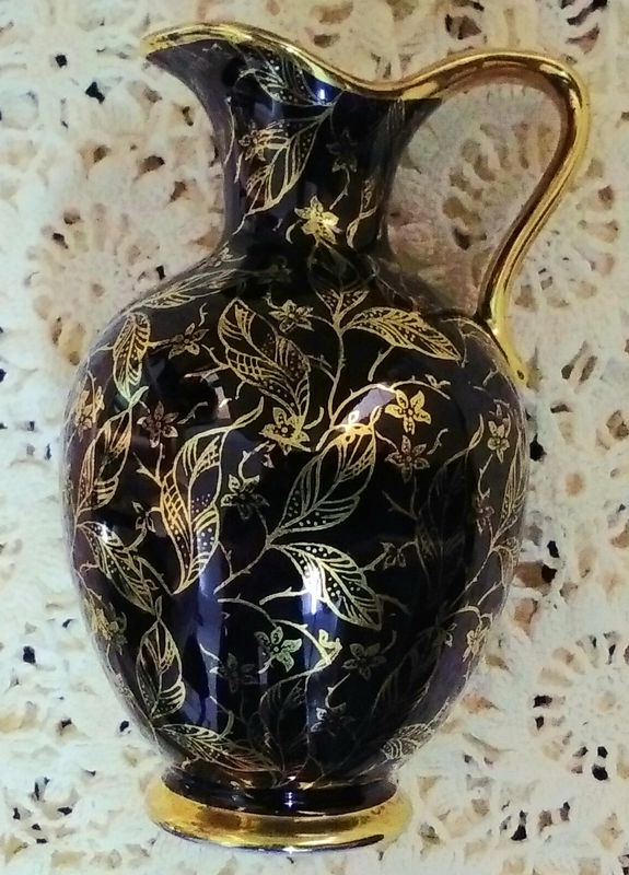 Vintage cobalt porcelain ewer with gold foliage detail