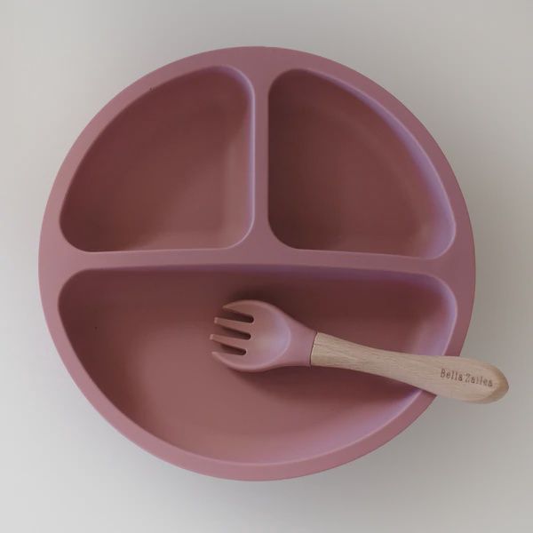 Silicone Suction Divided Plate + Fork, Color: Dusty Rose