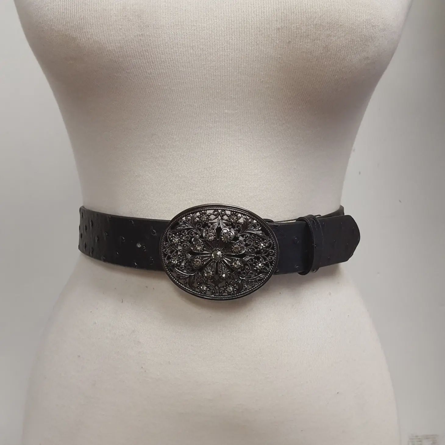Western Crystal Oval Buckle with Ostrich Belt, Colour: Black, Size: Small/Medium