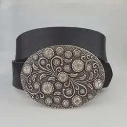 Western Etched Floral Buckle with Crystals Leather Belt, Colour: Black, Size: 34 Inch