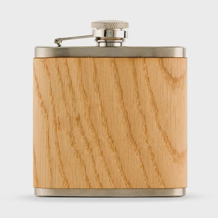 oak wood wrapped stainless steel hip flask