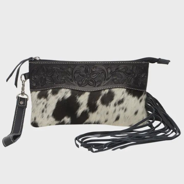 Tooling Leather Tassel Clutch, Color: Black