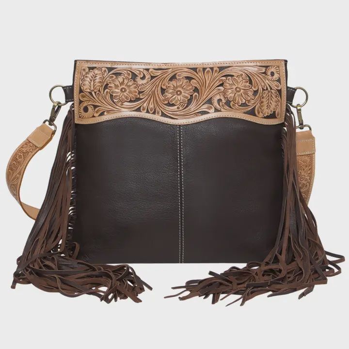 tooling carved meduim bag with fringe