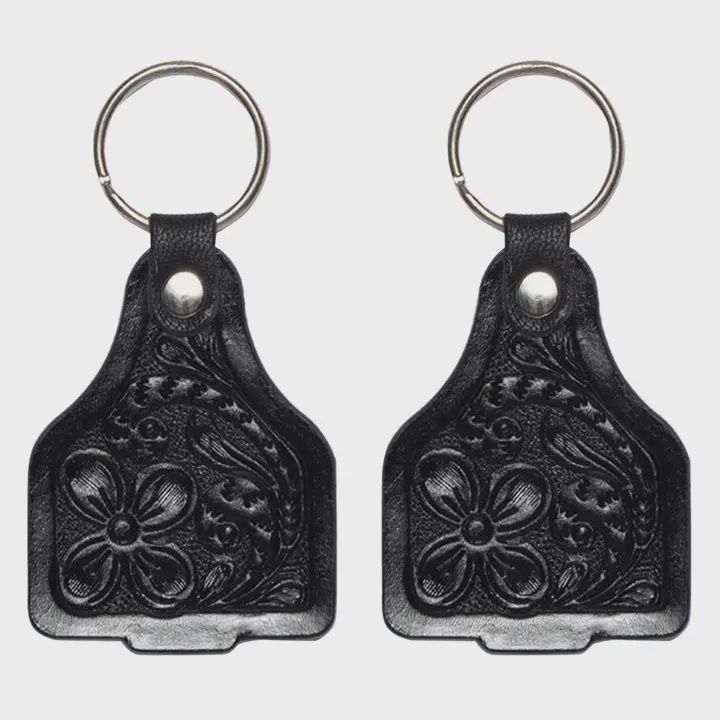 Tooling Leather Cattle Tag Keyring, Color: Black