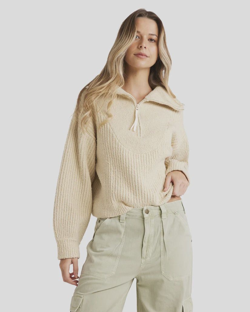 BILLABONG LADIES ZIPPY LOO SWEATER - WHITE SAND