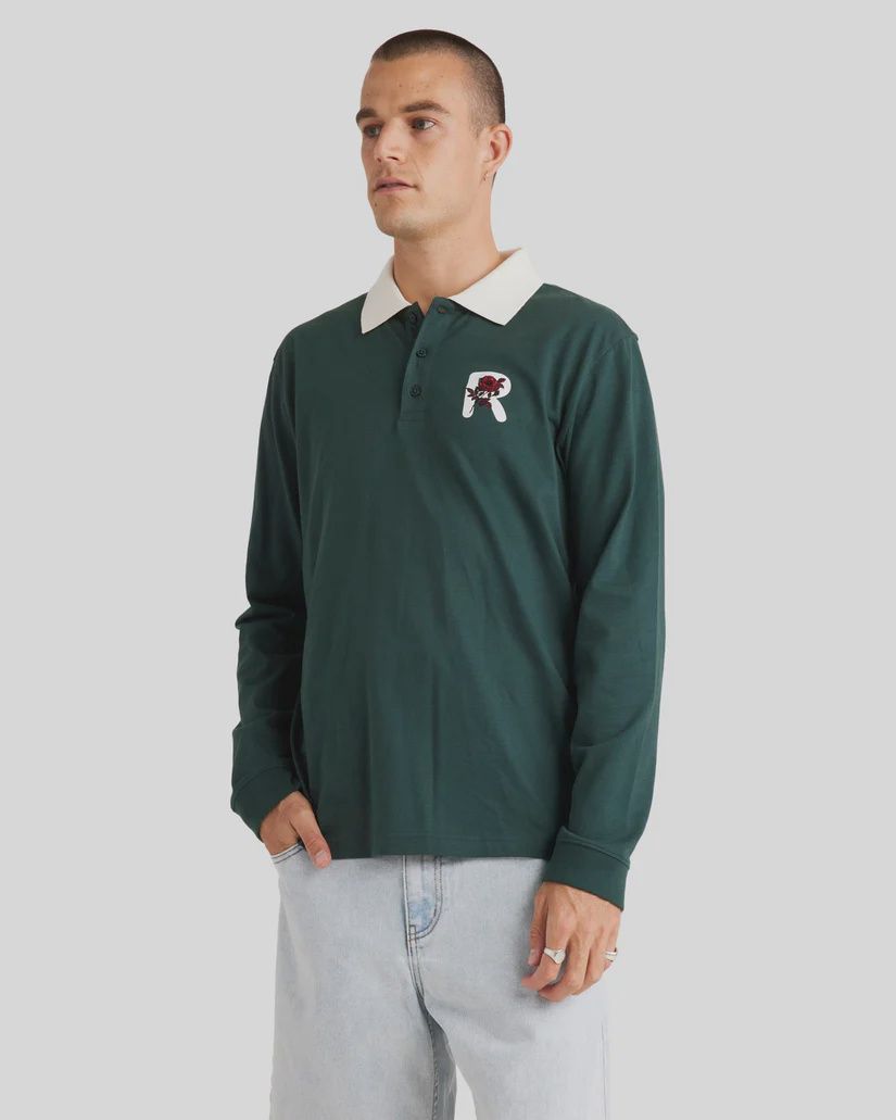 RVCA MENS COLLEGIATE POLO LS TEE - HUNTER GREEN