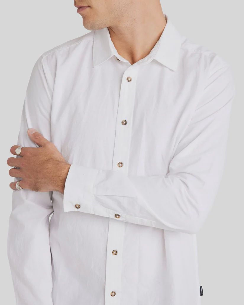 RVCA MENS BASE LINEN LS SHIRT - WHITE